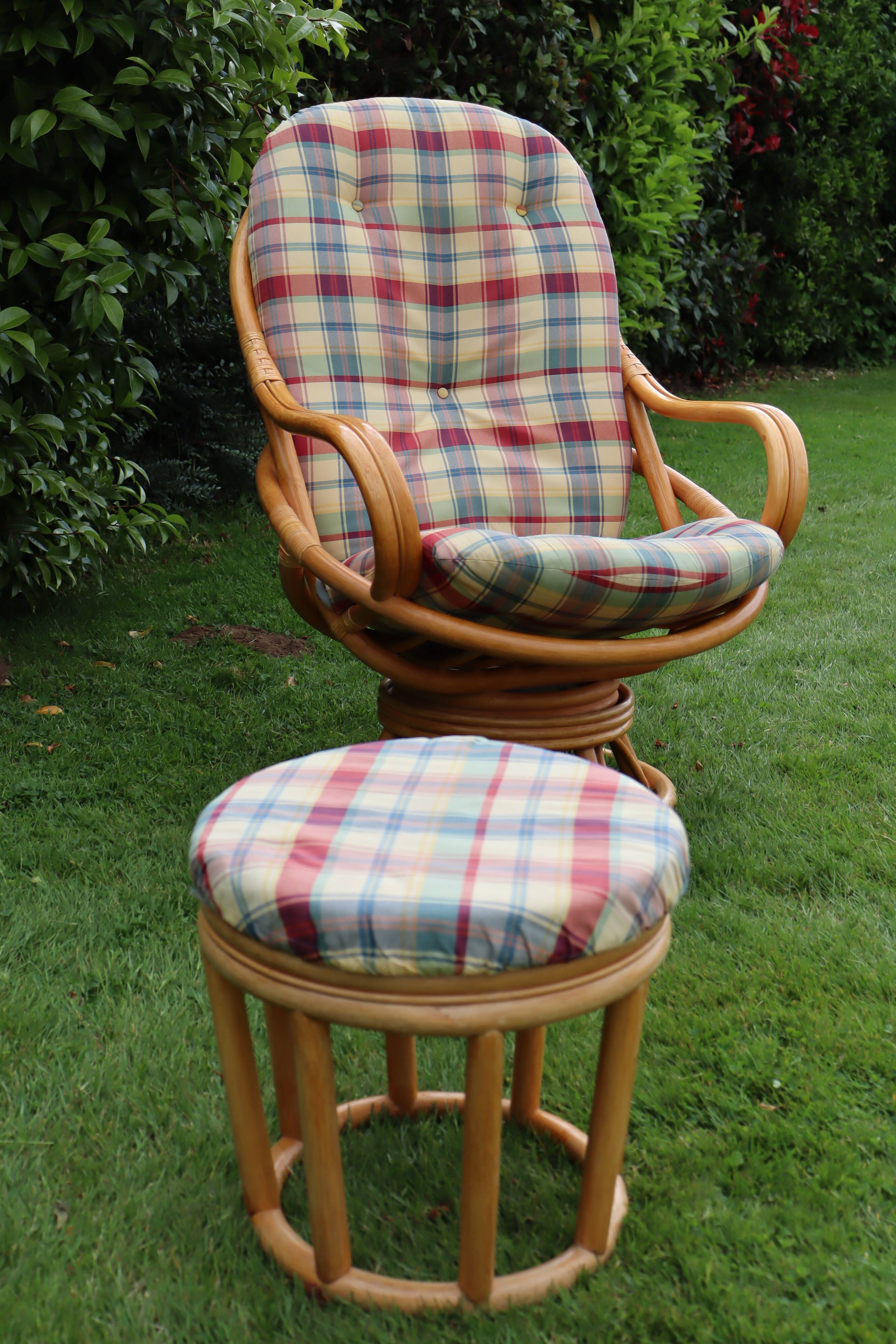 Swivel rattan armchair with matching ottoman