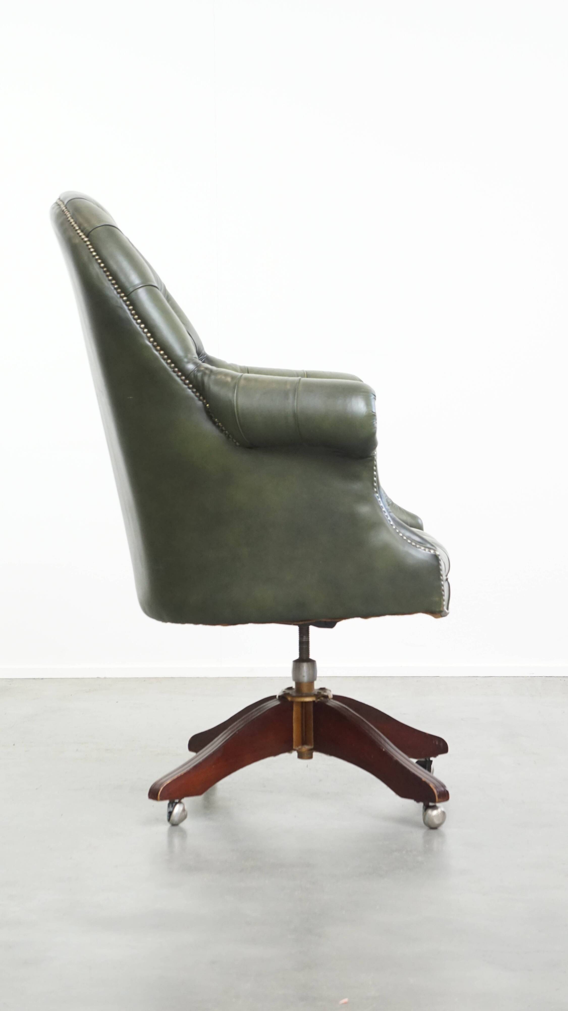 Chesterfield office chair in green cowhide leather on casters with high back