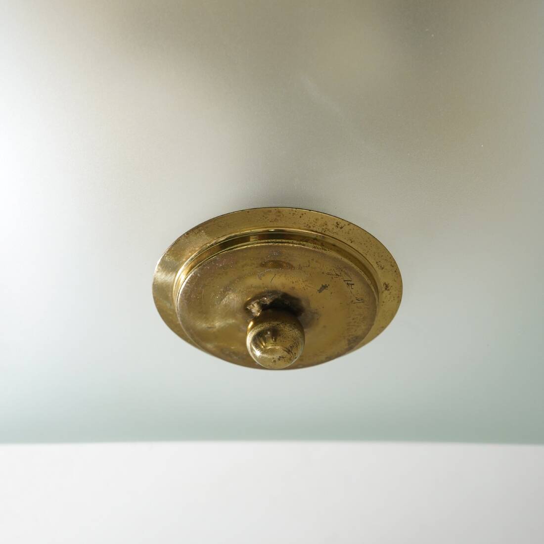 Ceiling lamp in satin glass and brass, 1970s