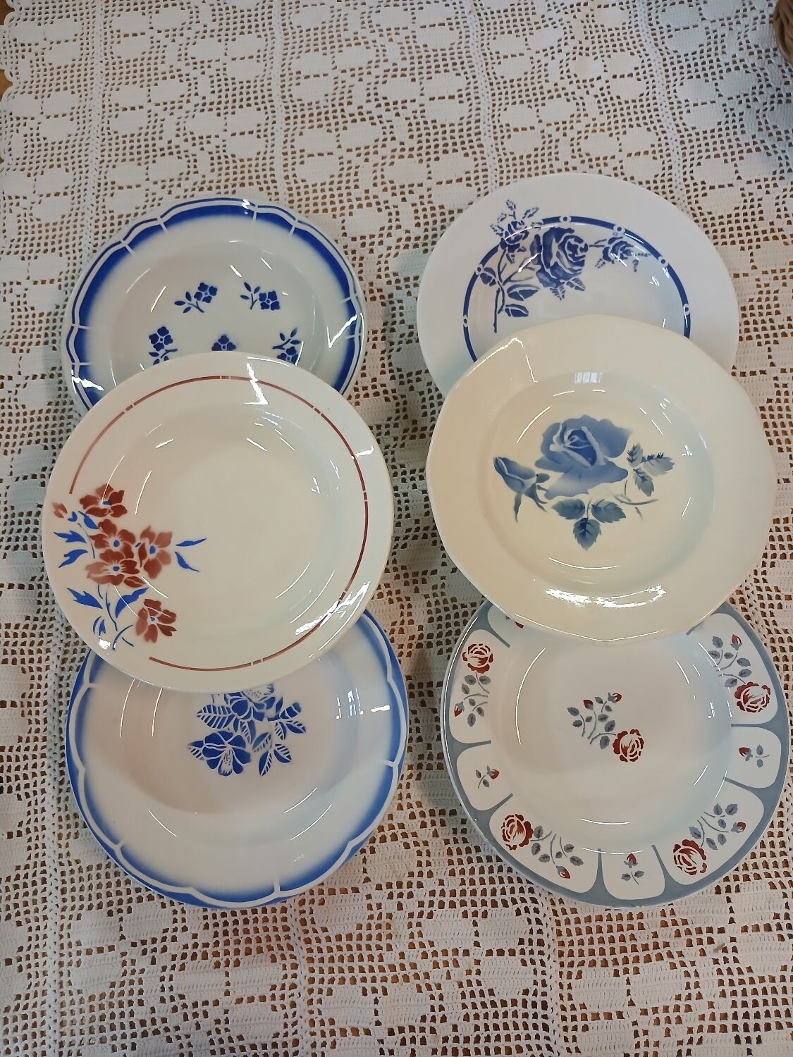 6 mismatched antique soup plates