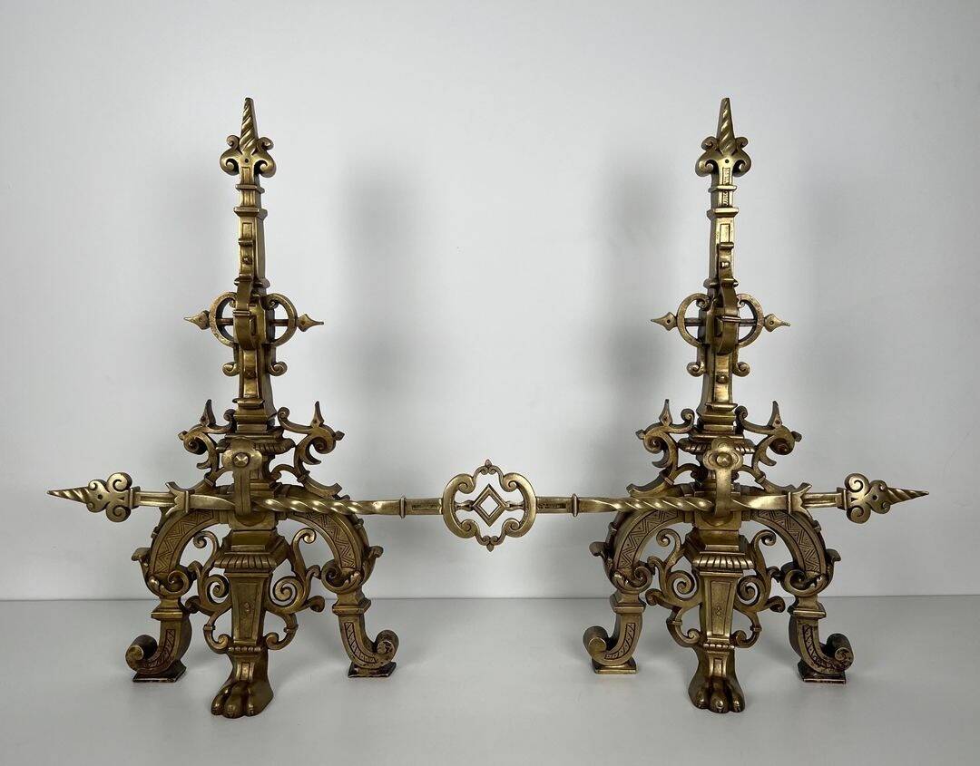Important Renaissance Style Bronze Fireplace Set with Bar