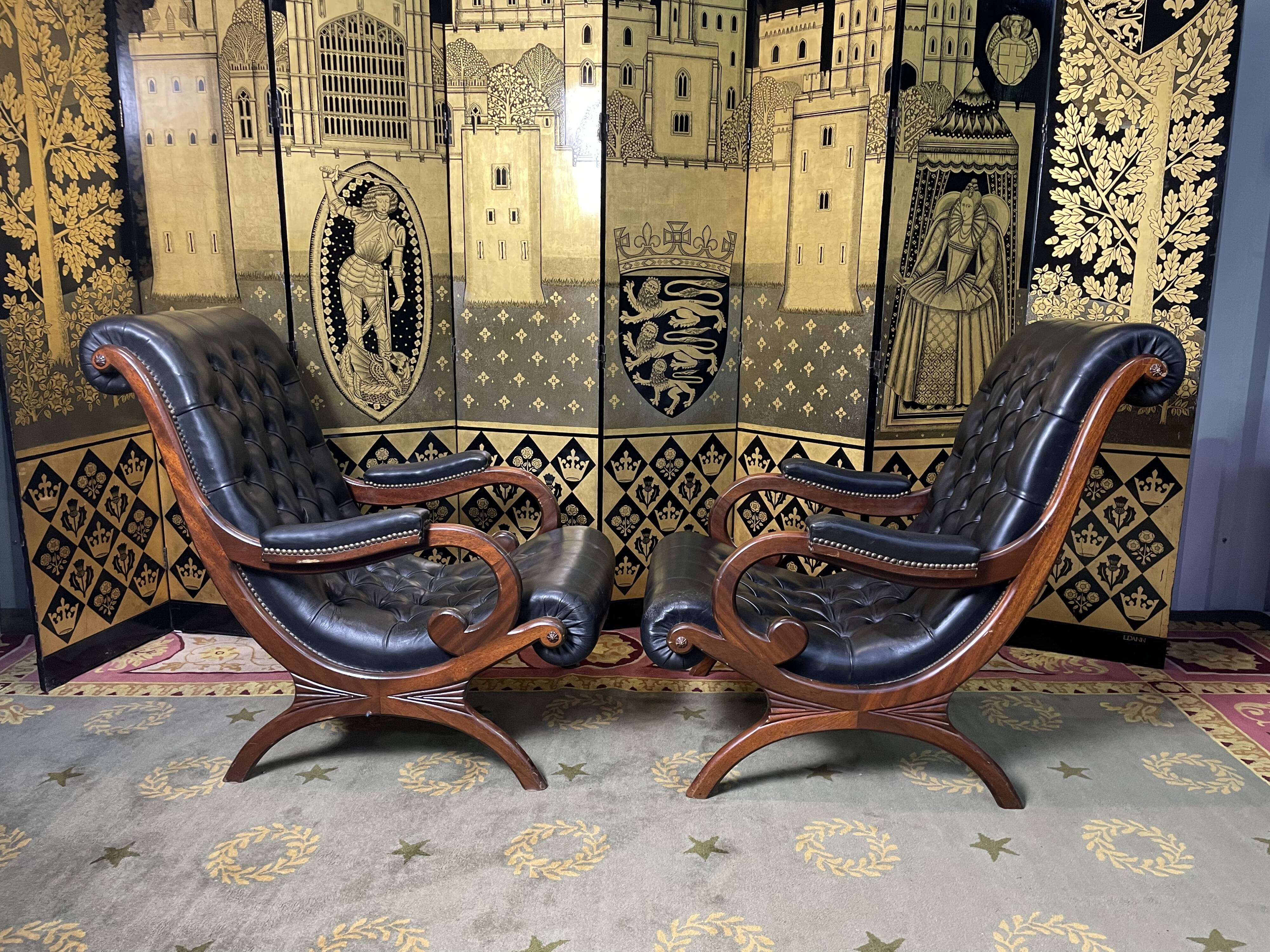 Pair of English armchairs Chesterfield black leather