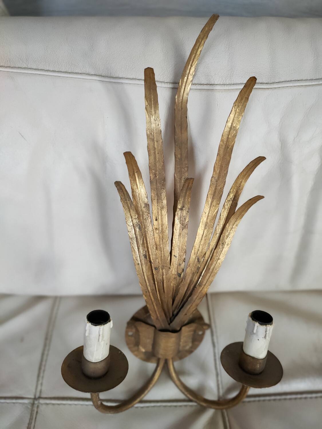 Pair of vintage wall lights, two golden arms, foliage