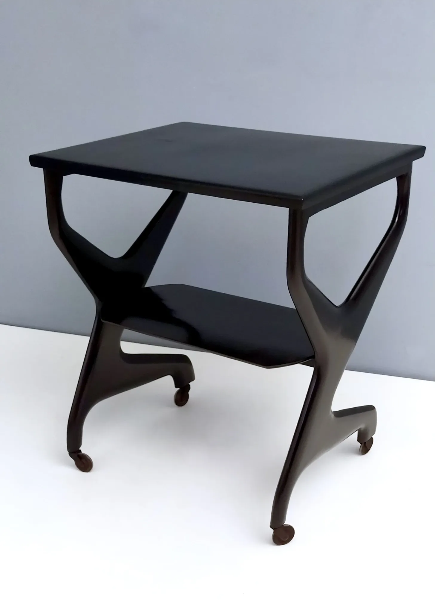 Vintage Black Ebonized Beech Serving Cart in the Style of Ico Parisi, Italy