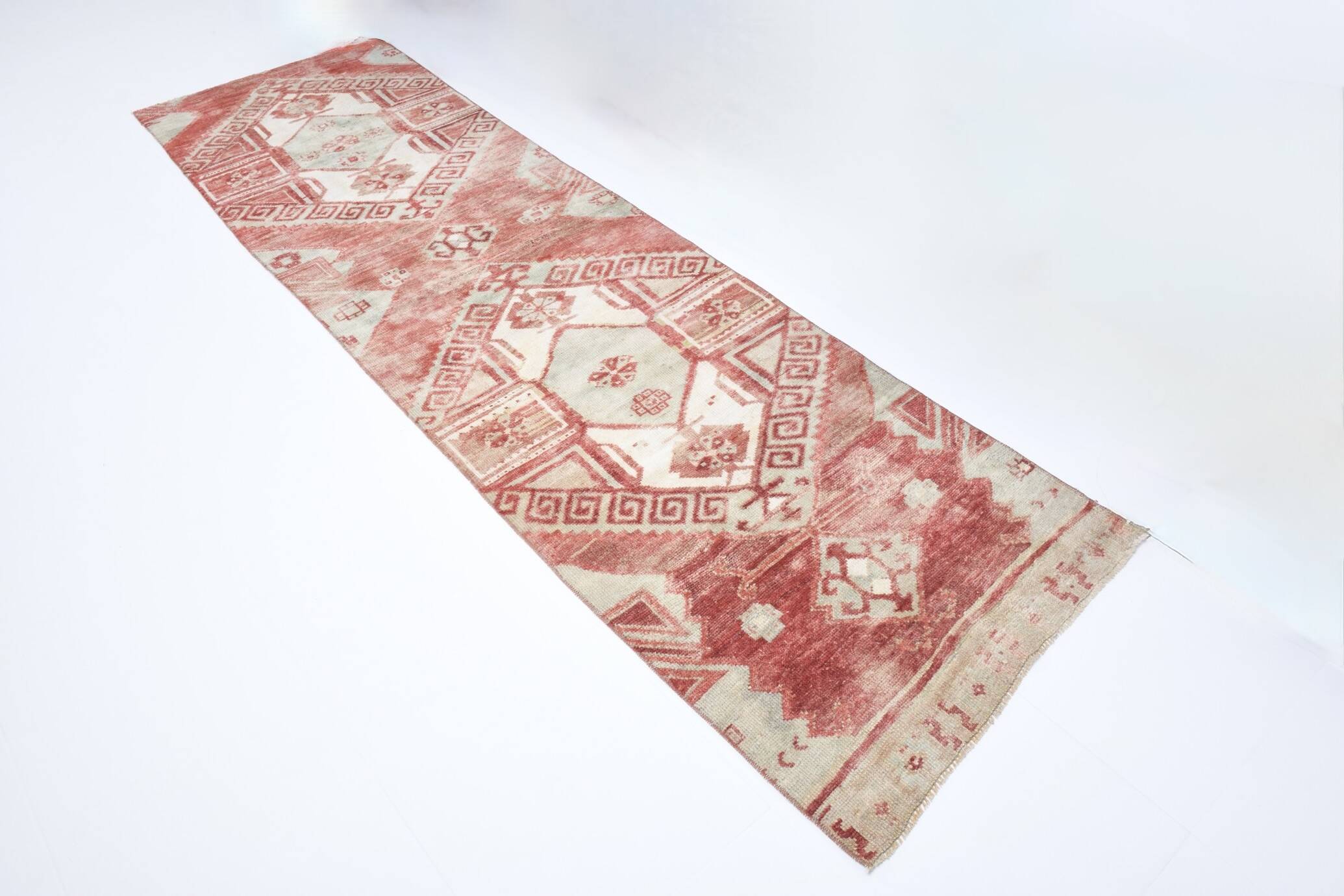 3x9 Red & Beige Geometric Pattern Persian Runner Rug, 80x280Cm