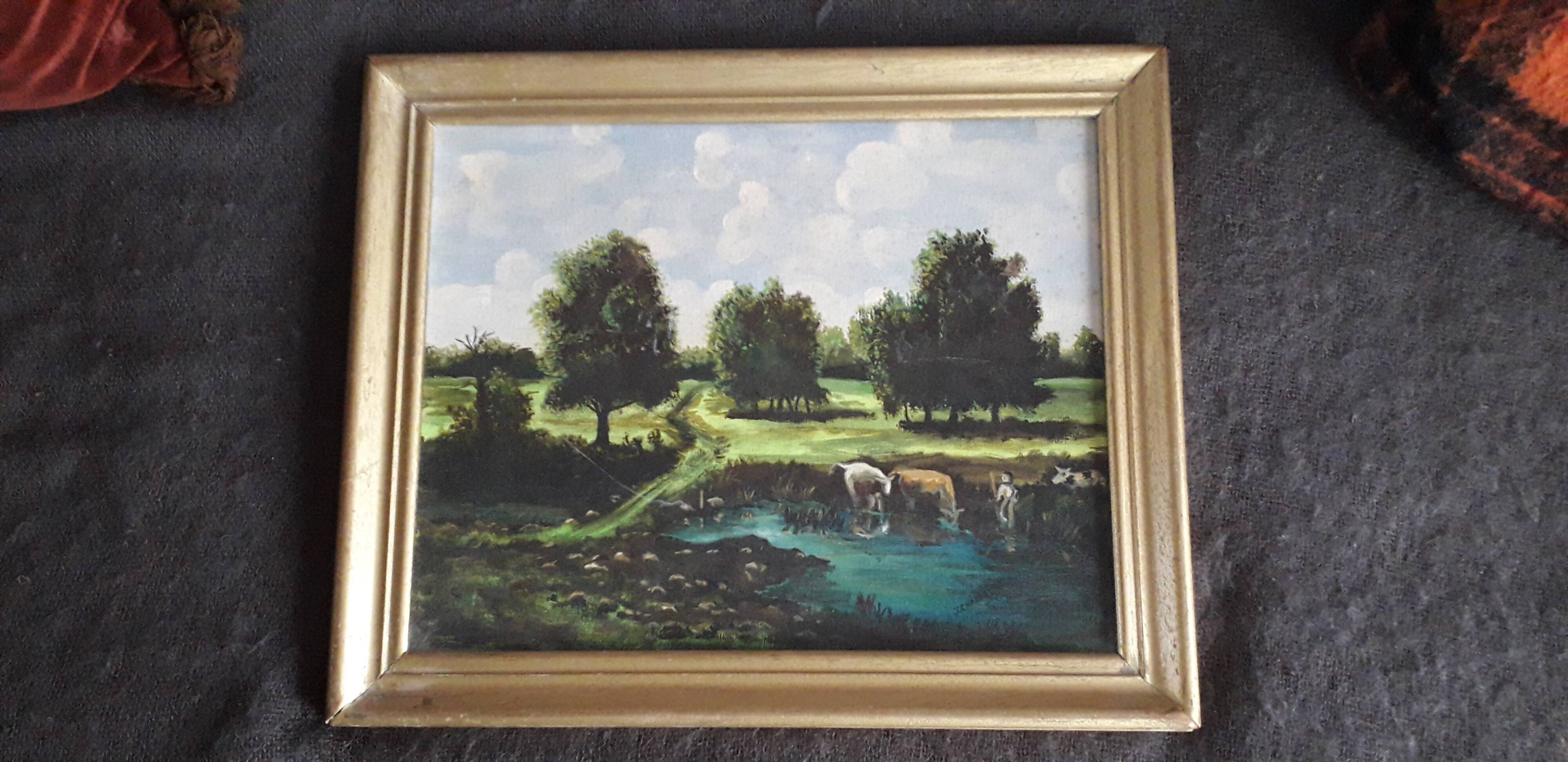 Antique oil painting depicting a countryside landscape