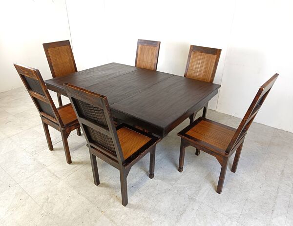 Chaises de salle à manger vintage à haut dossier en bambou avec table, 1960