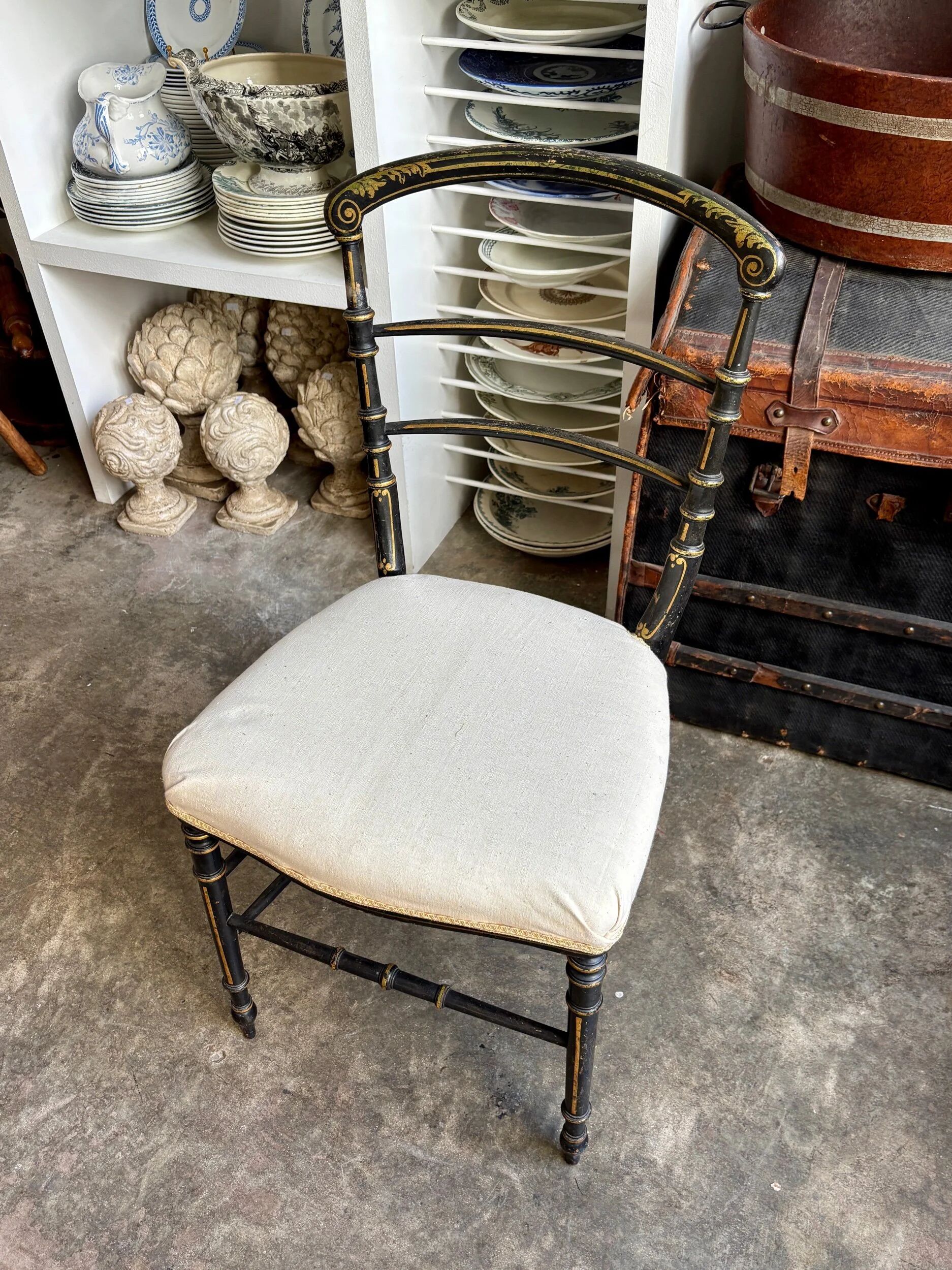 Napoleon III chair in blackened wood and beige fabric