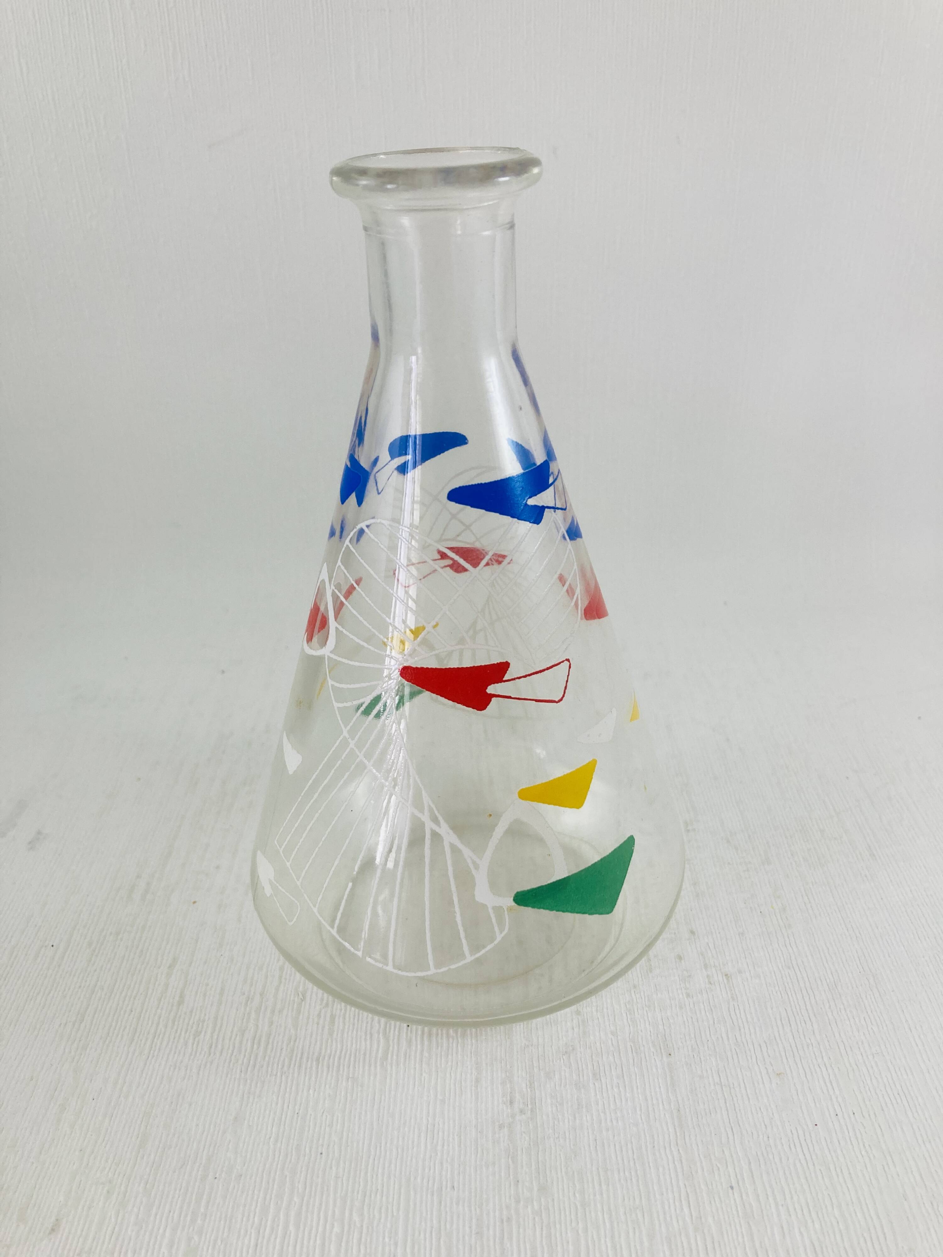 Vintage glass carafe 1960 Atomic boomerang decor blue red yellow