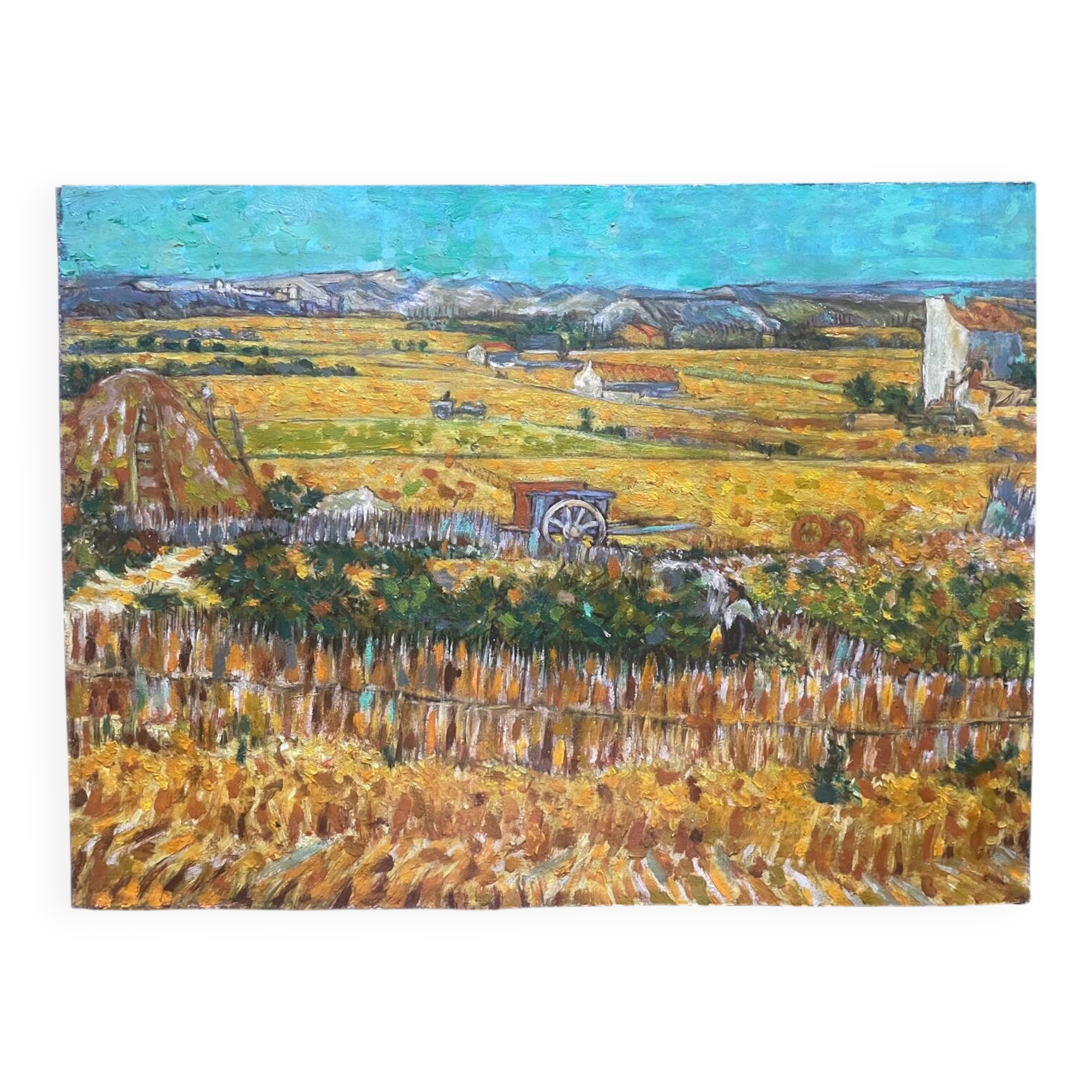 Antique painting of a harvest landscape 20th century