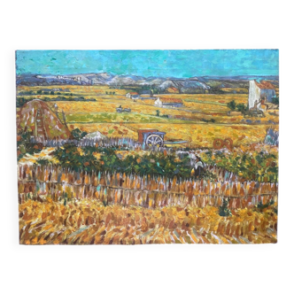 Antique painting of a harvest landscape 20th century
