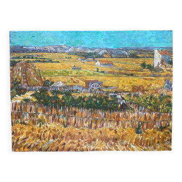 Antique painting of a harvest landscape 20th century
