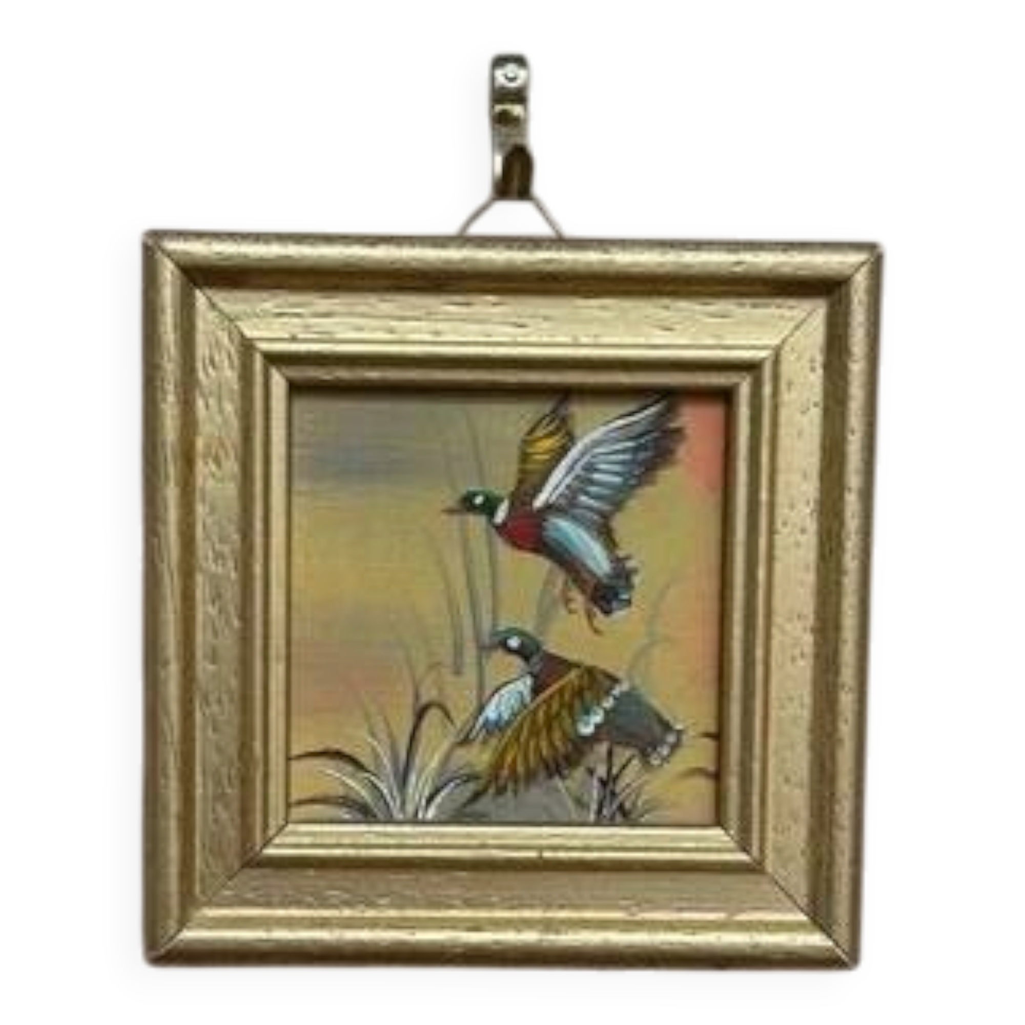 Huile sur panneau de style mi-siècle "Oiseaux" par inconnu, vintage et encadrée 11 × 11 cm
