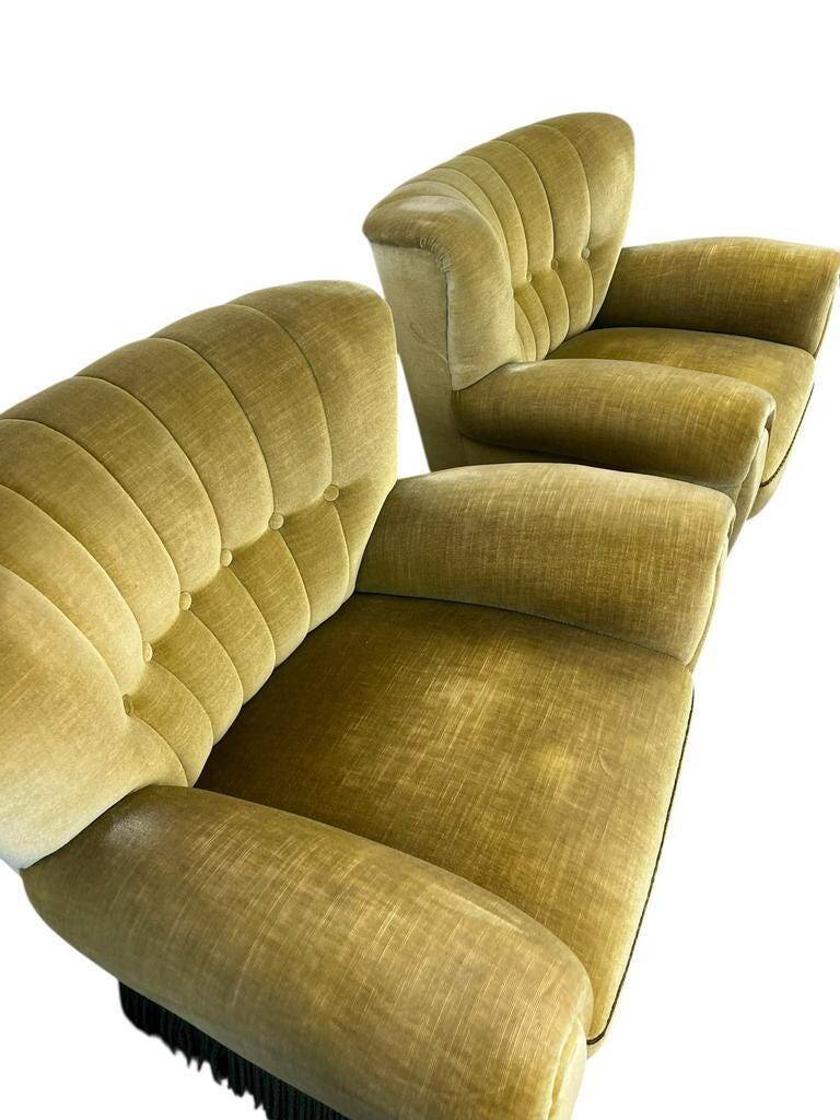 Set de 2 fauteuils vintage verts avec franges