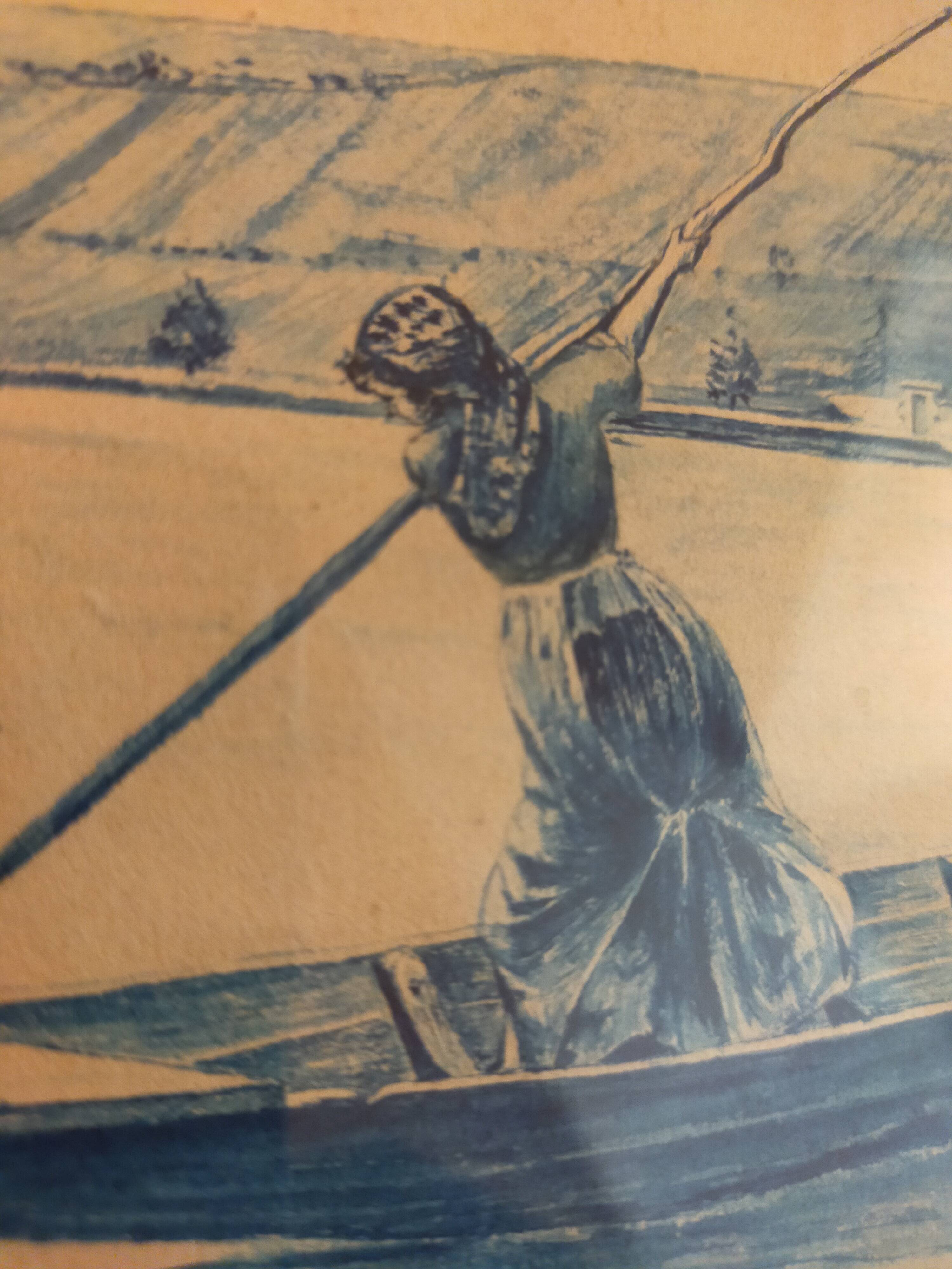 Framed signed watercolor marine landscape