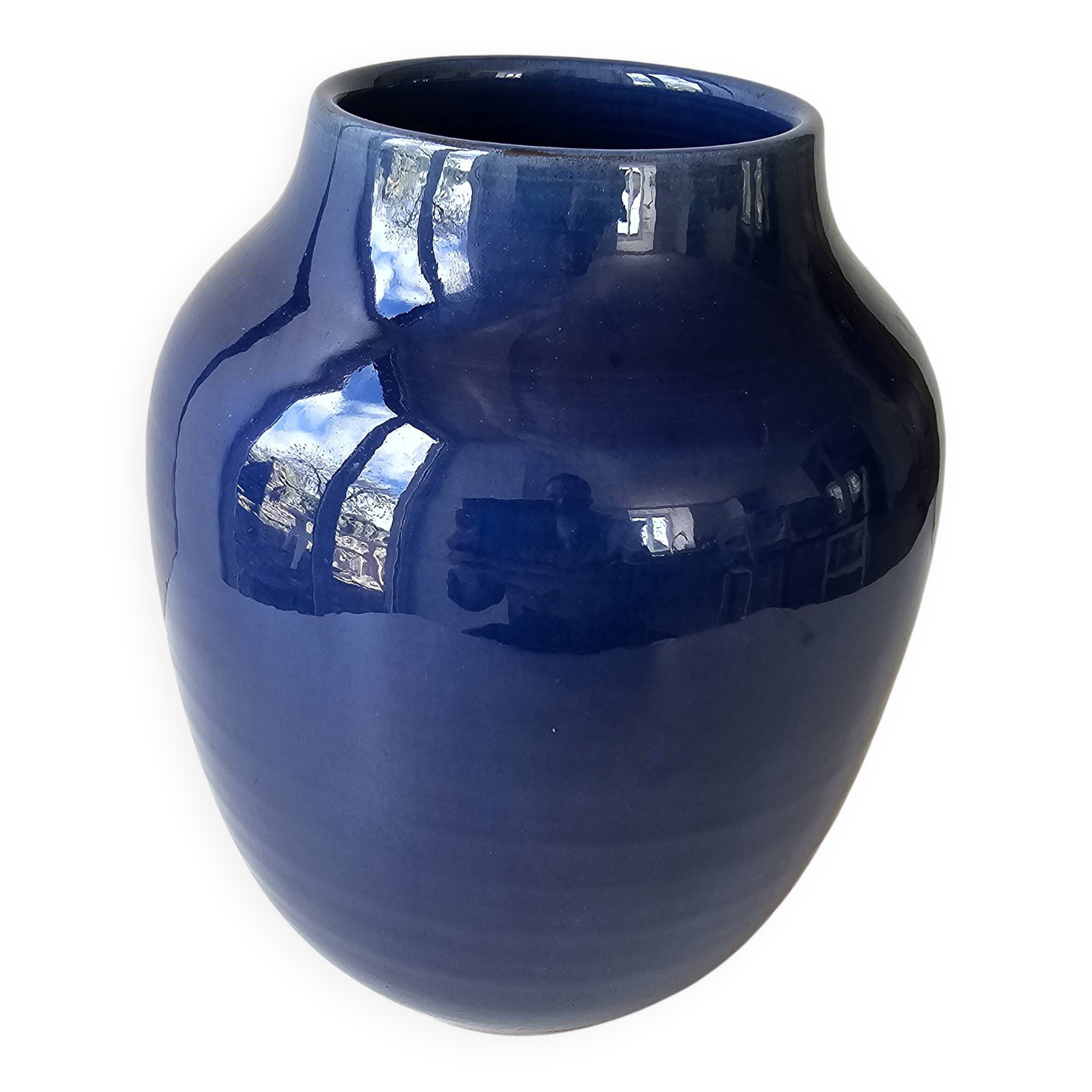 Vase grès céramique bleu signé Poterie du Soleil Salernes hauteur 20cm