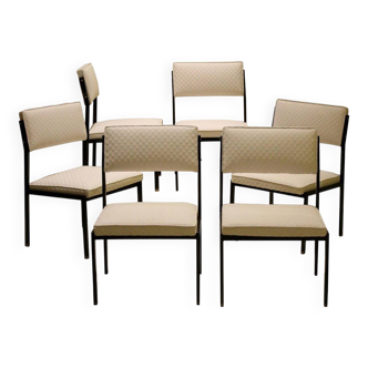 Italian Low Lounge Chairs with Black Iron Frame and Ice White Upholster by Milo Baughman, 1950s, Set of 6