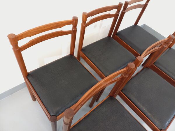 Suite de 6 chaises scandinaves vintage en teck et skai des années 60