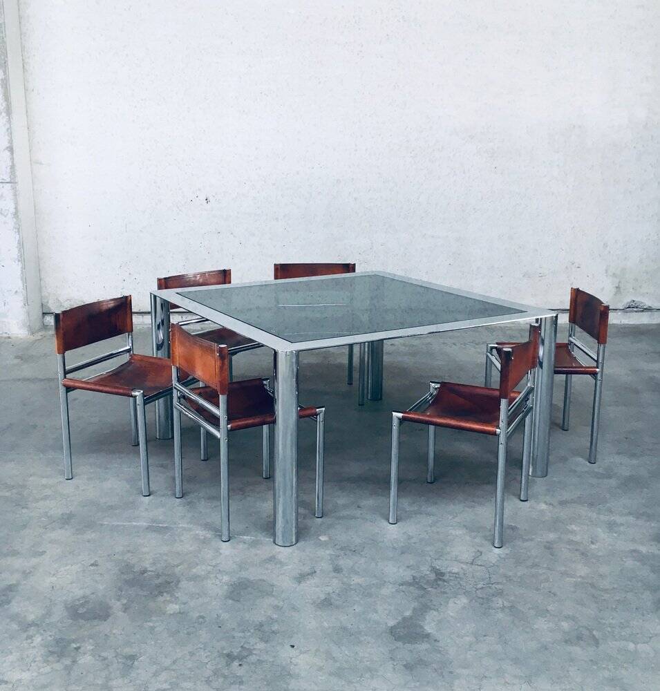Mid-Century Smoked Glass & Chromed Steel Square Dining Table attributed to Sergio Mazza for Cinova, Italy, 1970s