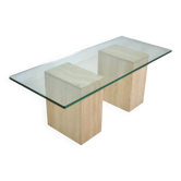 Table basse vintage en travertin italien et en verre des années 1970