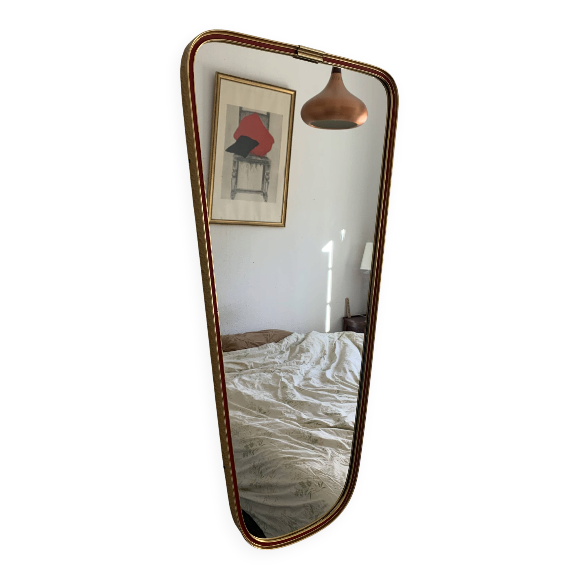 Vintage 1960 asymmetrical mirror, free-form, gold and red - 71 x 3