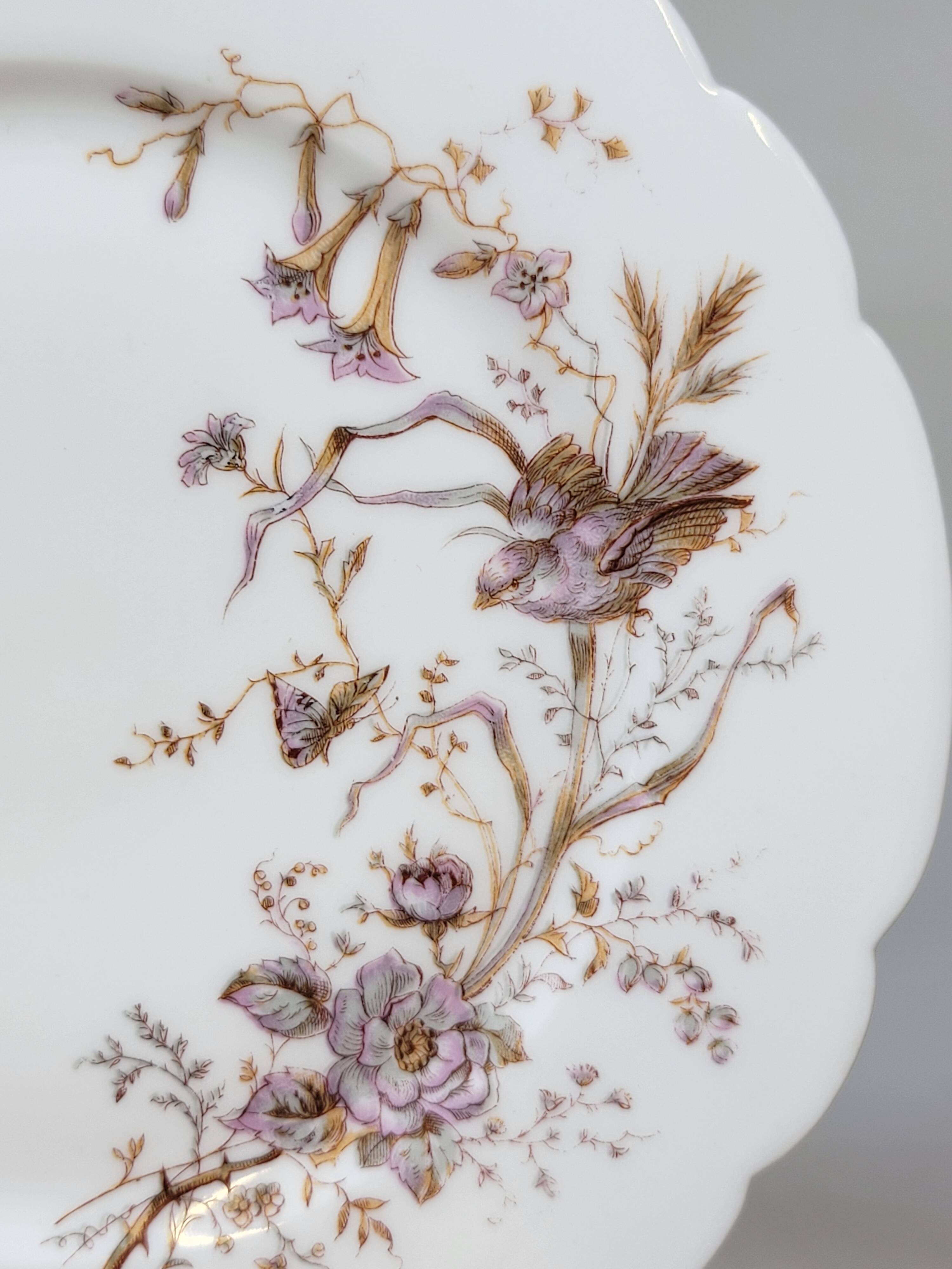 6 Superb Antique 19th Century White Porcelain Plates with Bird Decor