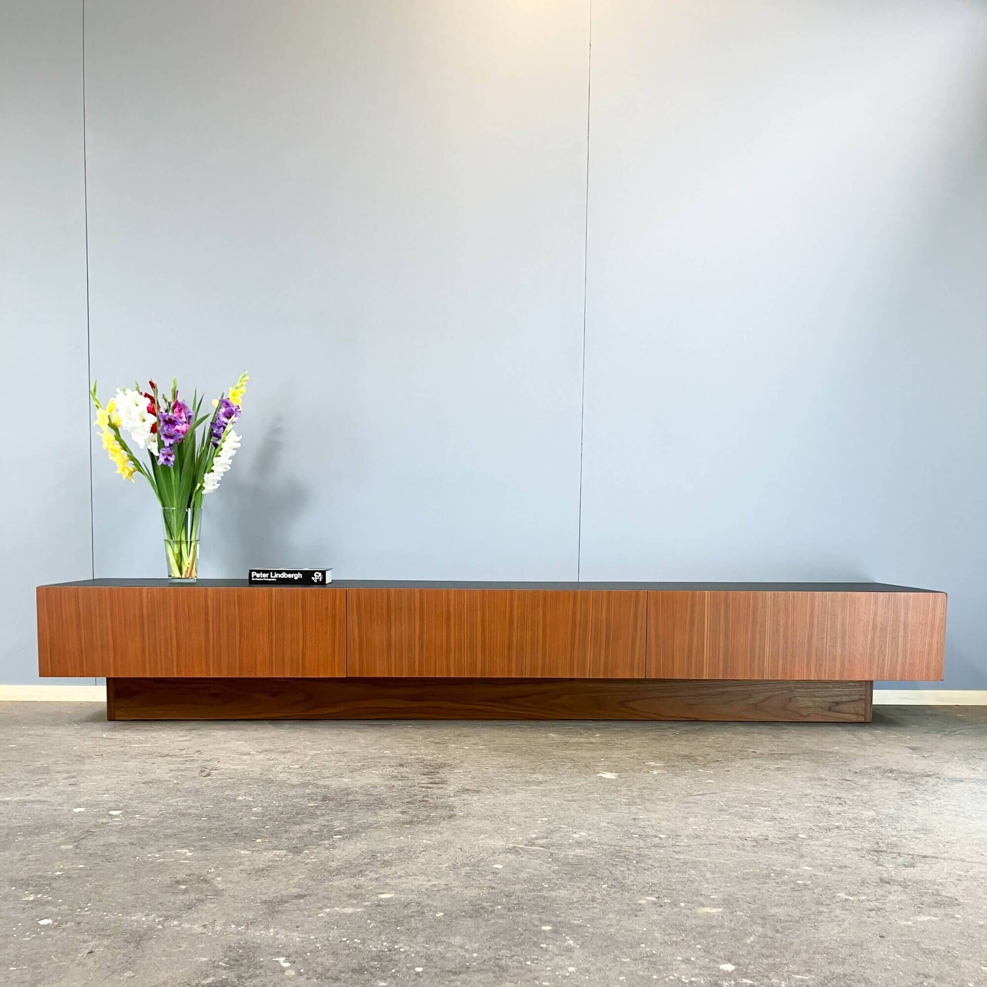 Minimalist XXL lowboard, teak and black top, 1960s