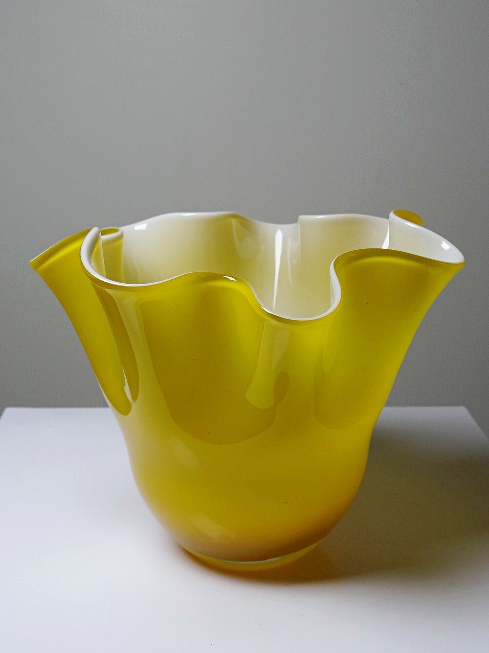 Fazzoletto vase in blown Italian glass, yellow opaline lined, Murano 1960-70.