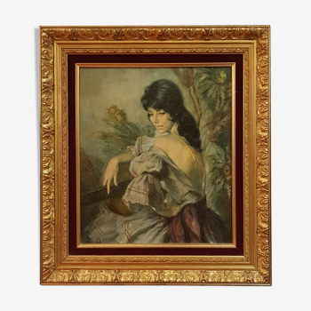 Oil painting young girl with twig