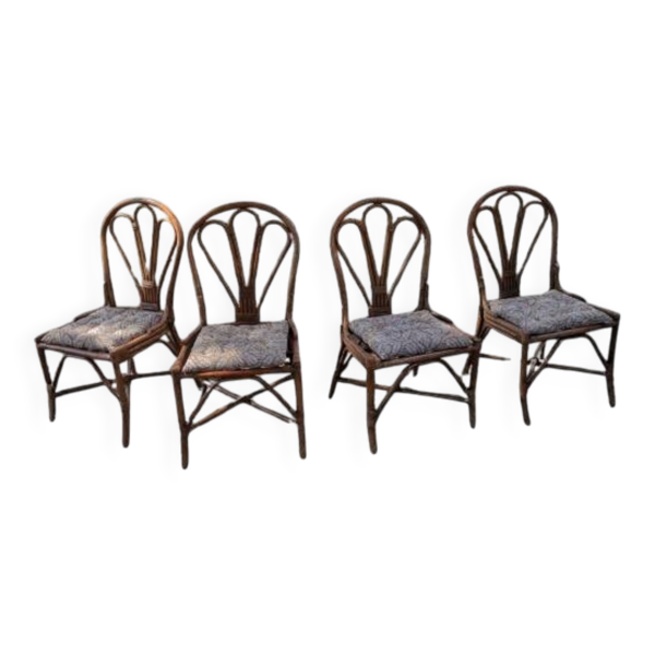 4 chaises en bambou et rotin, dossier ''éventail'', 1960-70