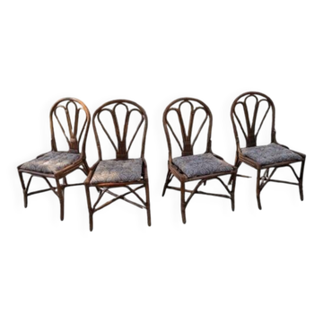 Set of 4 bamboo and rattan chairs, "fan" backrest, vintage 60s-70s.