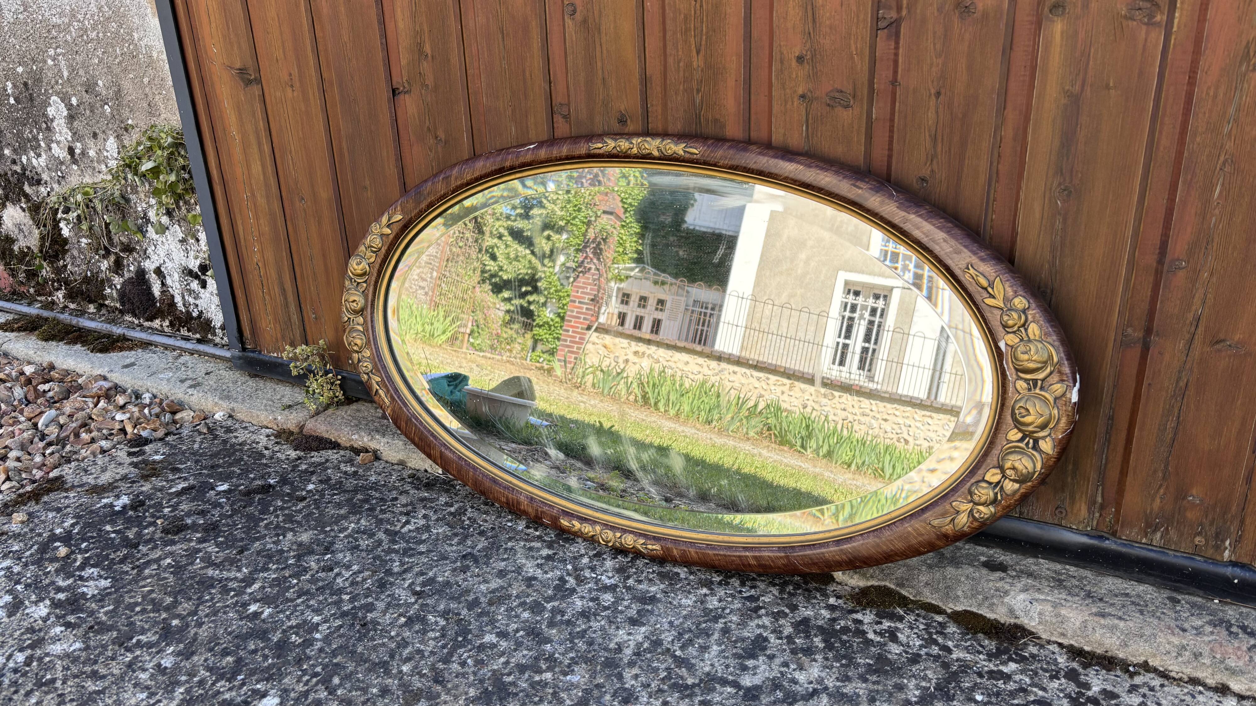 Vintage oval mirror – Patinated gold floral decorative frame