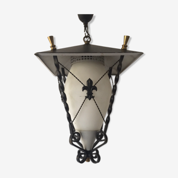 lantern in forged iron, opaline and brass