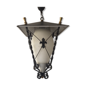 lantern in forged iron, opaline and brass