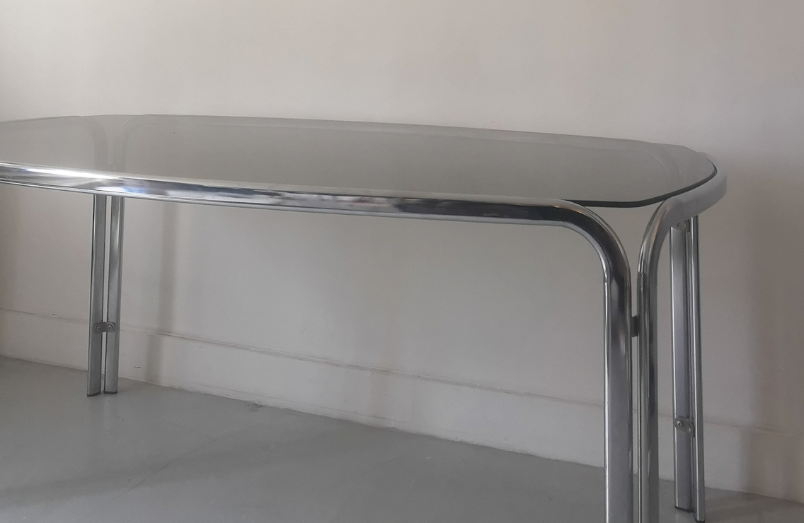 Dining table in chrome smoked glass, design 1970