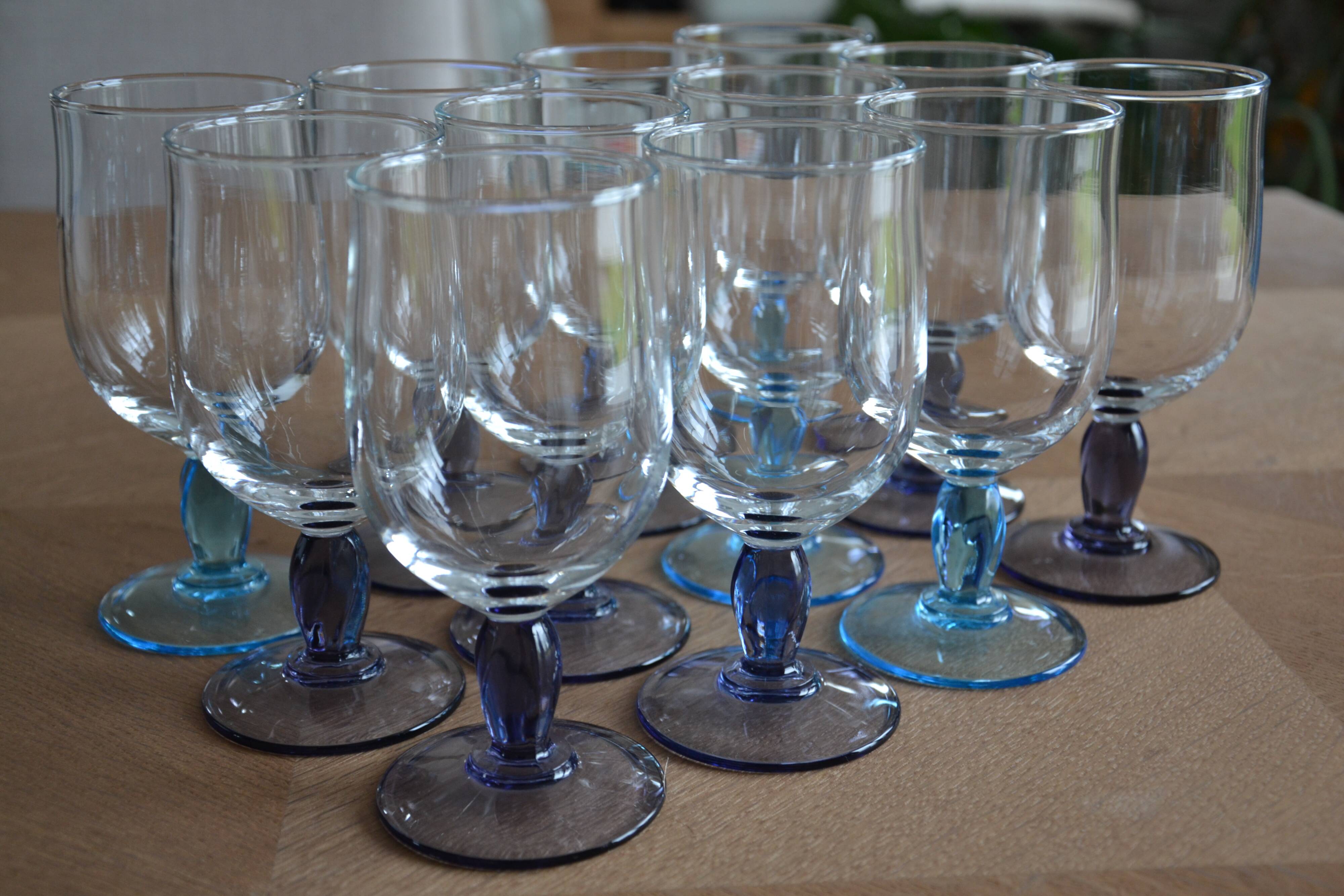 12 blue and purple stemmed glasses