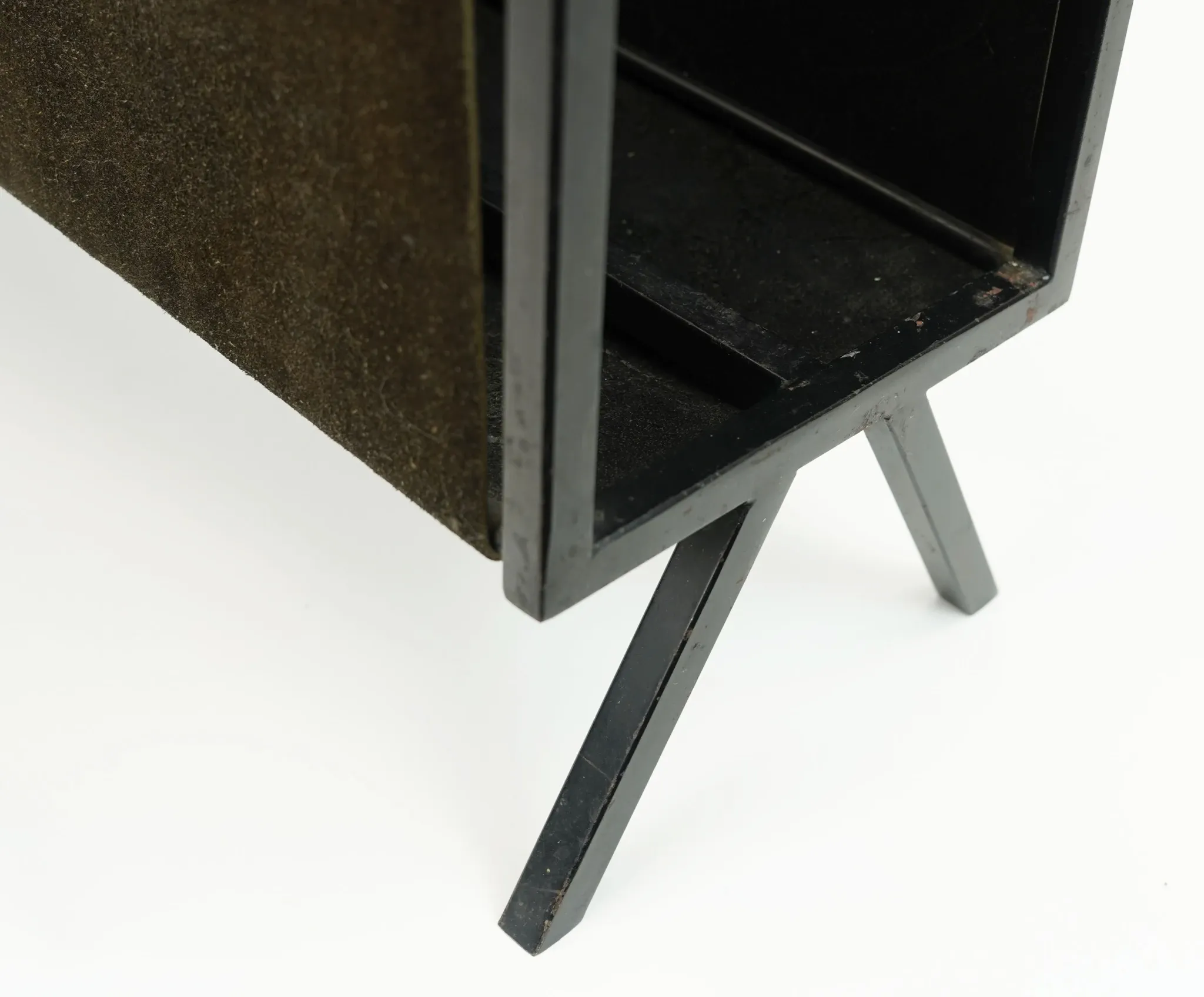 1960s mid century MAGAZINE RACK newspaper holder brown suede metal teakwood