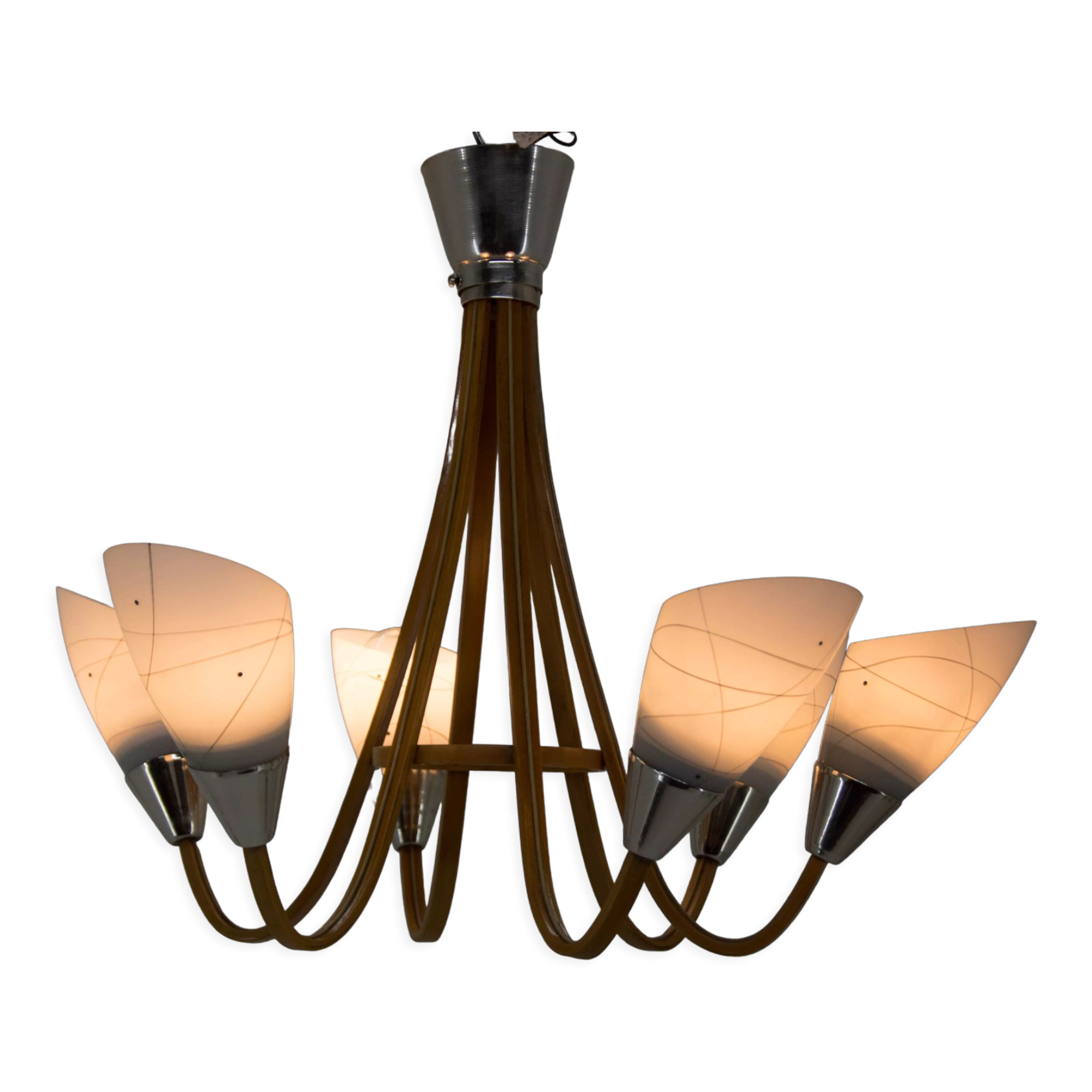 Mid-Century Wood & Glass Chandelier by Dřevo Humpolec, 1960s