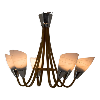 Mid-Century Wood & Glass Chandelier by Dřevo Humpolec, 1960s