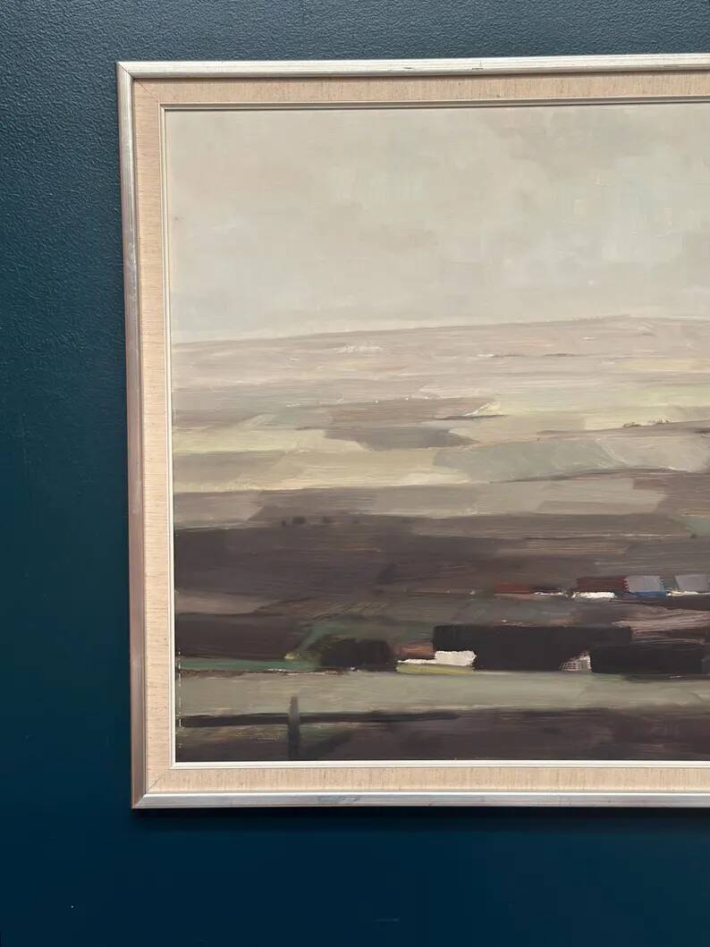 Oil on panel original Swedish - "House in a flat landscape" by Evert Färhm - Dated 1968 - vintage and framed - 81 × 68 cm (31.9" × 26.8")