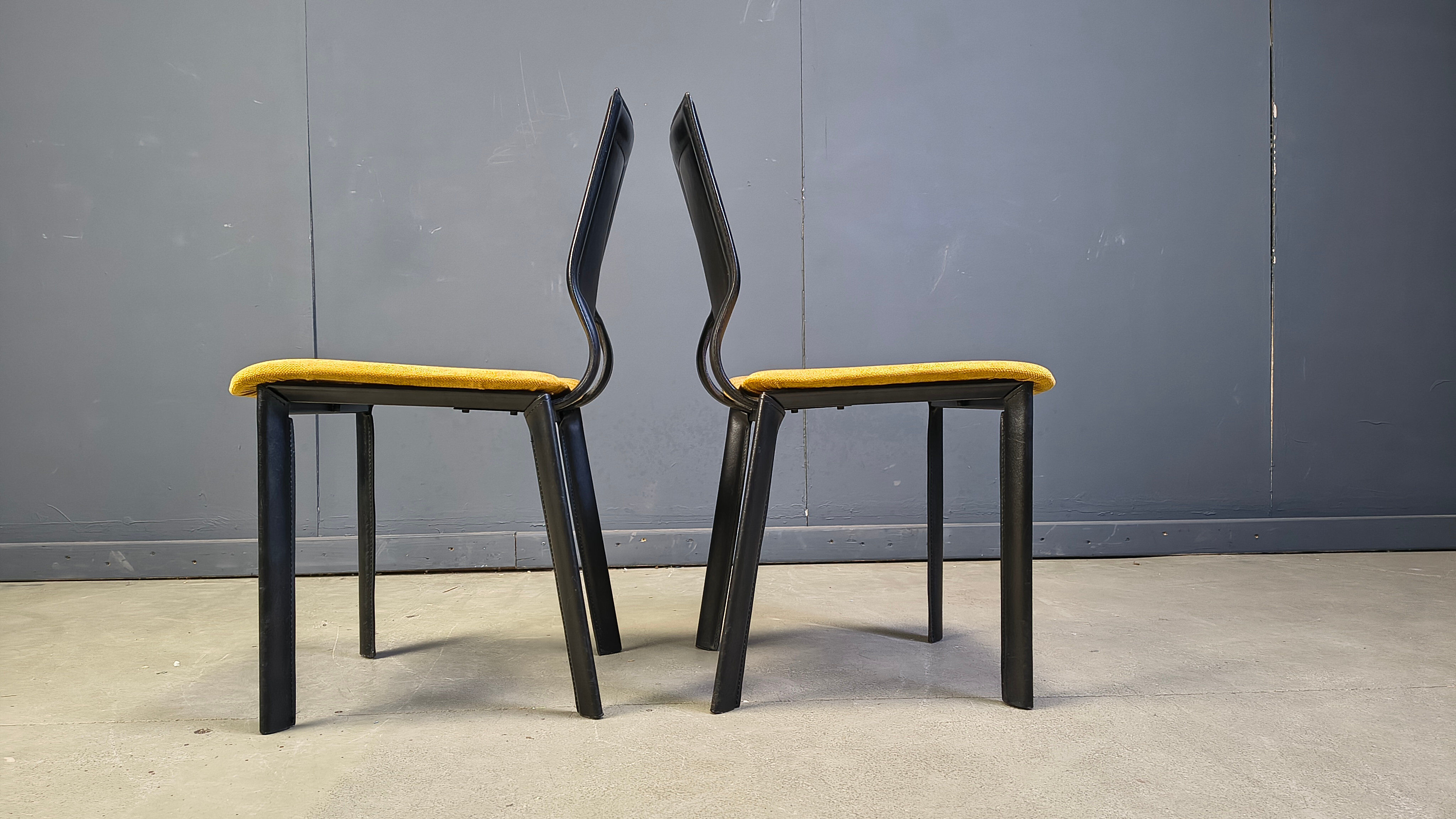 Vintage black leather and yellow fabric dining chairs, set of 6, 1980s