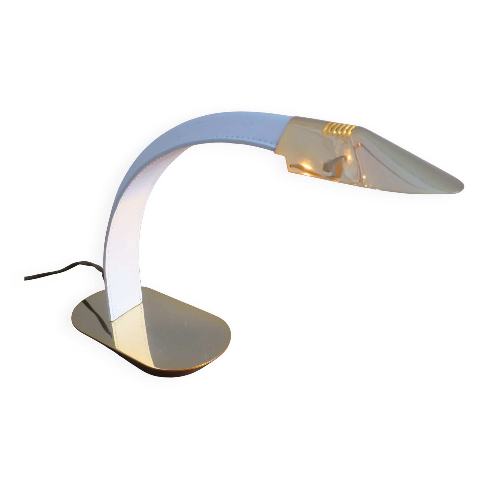 Lampe de bureau vintage en cuir gravé et en laiton plaqué or, Italie années 1970