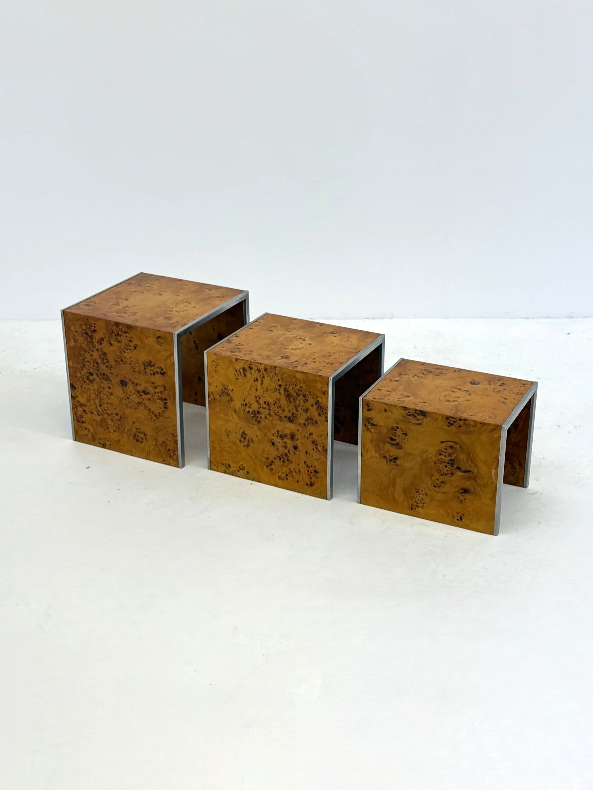 Set of three Tommaso Barbi mid-century modern burl wood nesting tables