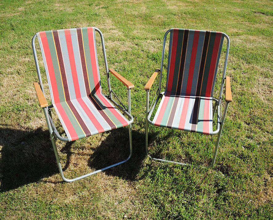 2 old camping chairs pattern bayadère
