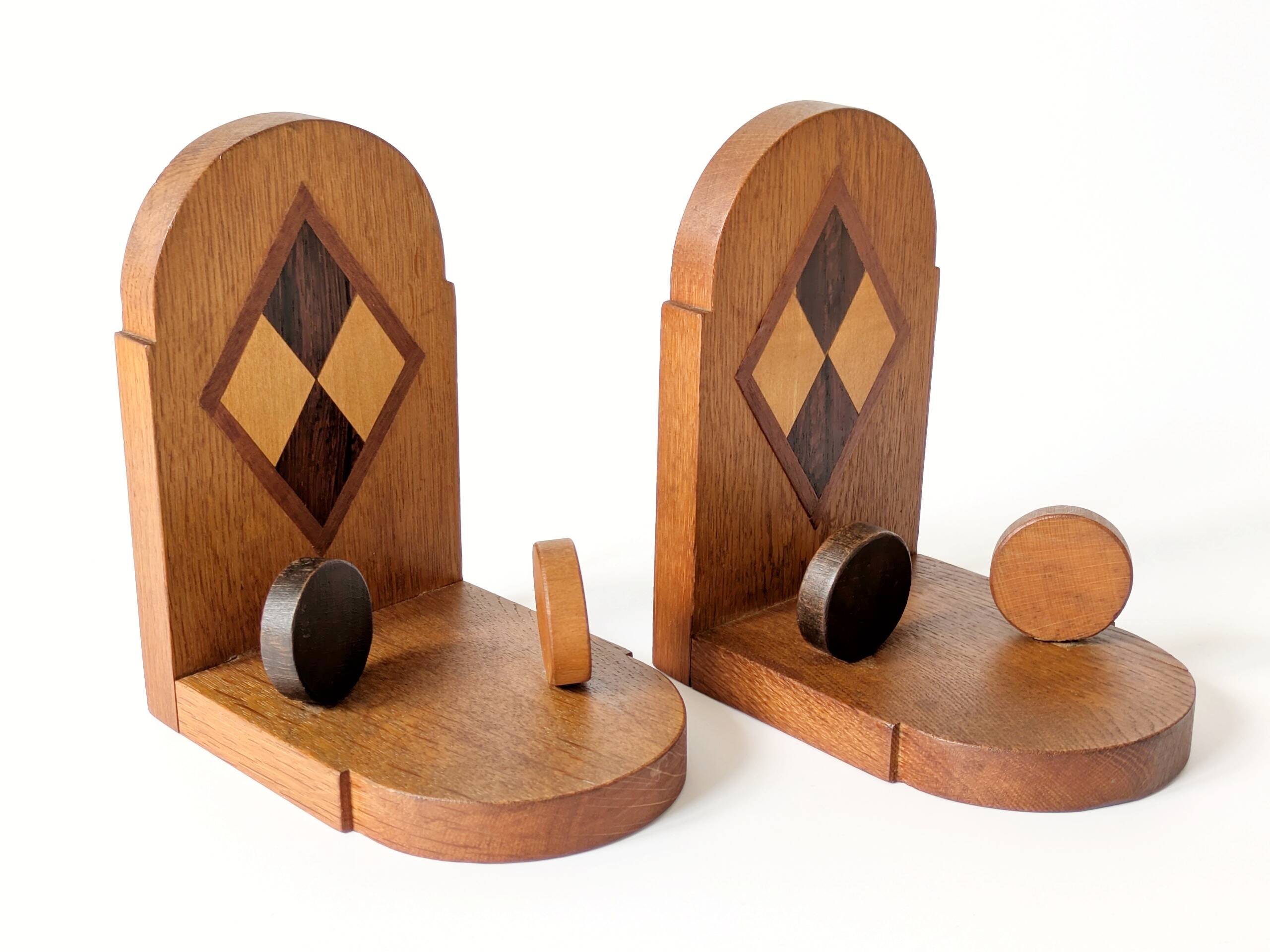Pair of vintage wooden bookends, checkerboard pattern, 1950s