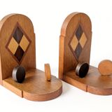 Paire de serre-livres vintage en bois, motif damier, années 50