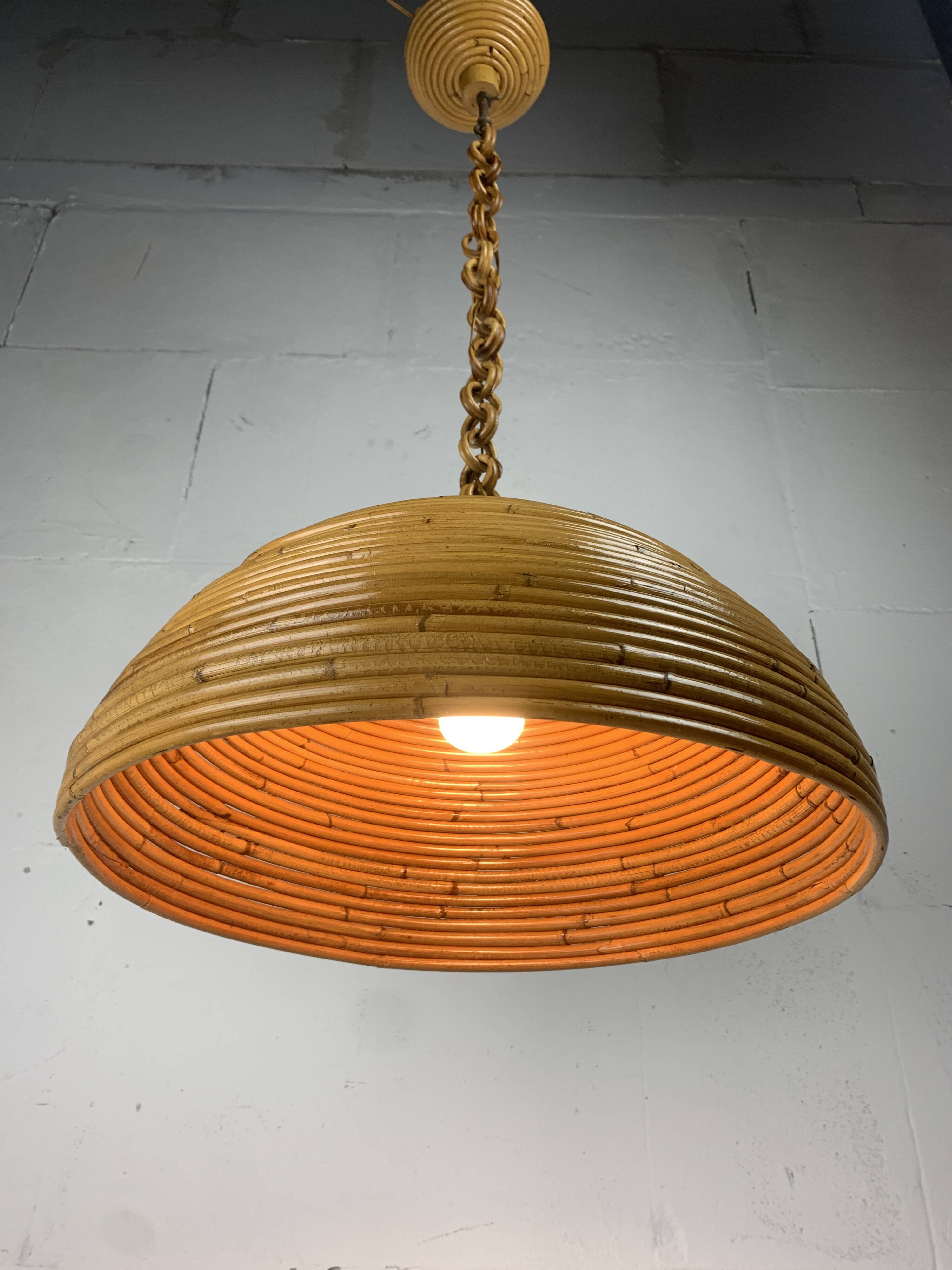 Midcentury pencil reed rattan bamboo pendant hanging lamp, Italy, 1970s
