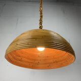 Midcentury pencil reed rattan bamboo pendant hanging lamp, Italy, 1970s