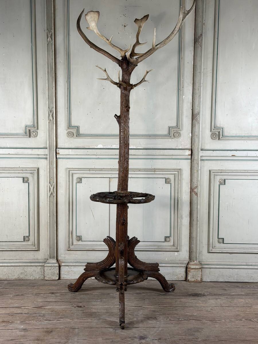 Carved wooden coat rack from the Black Forest, circa 1900.