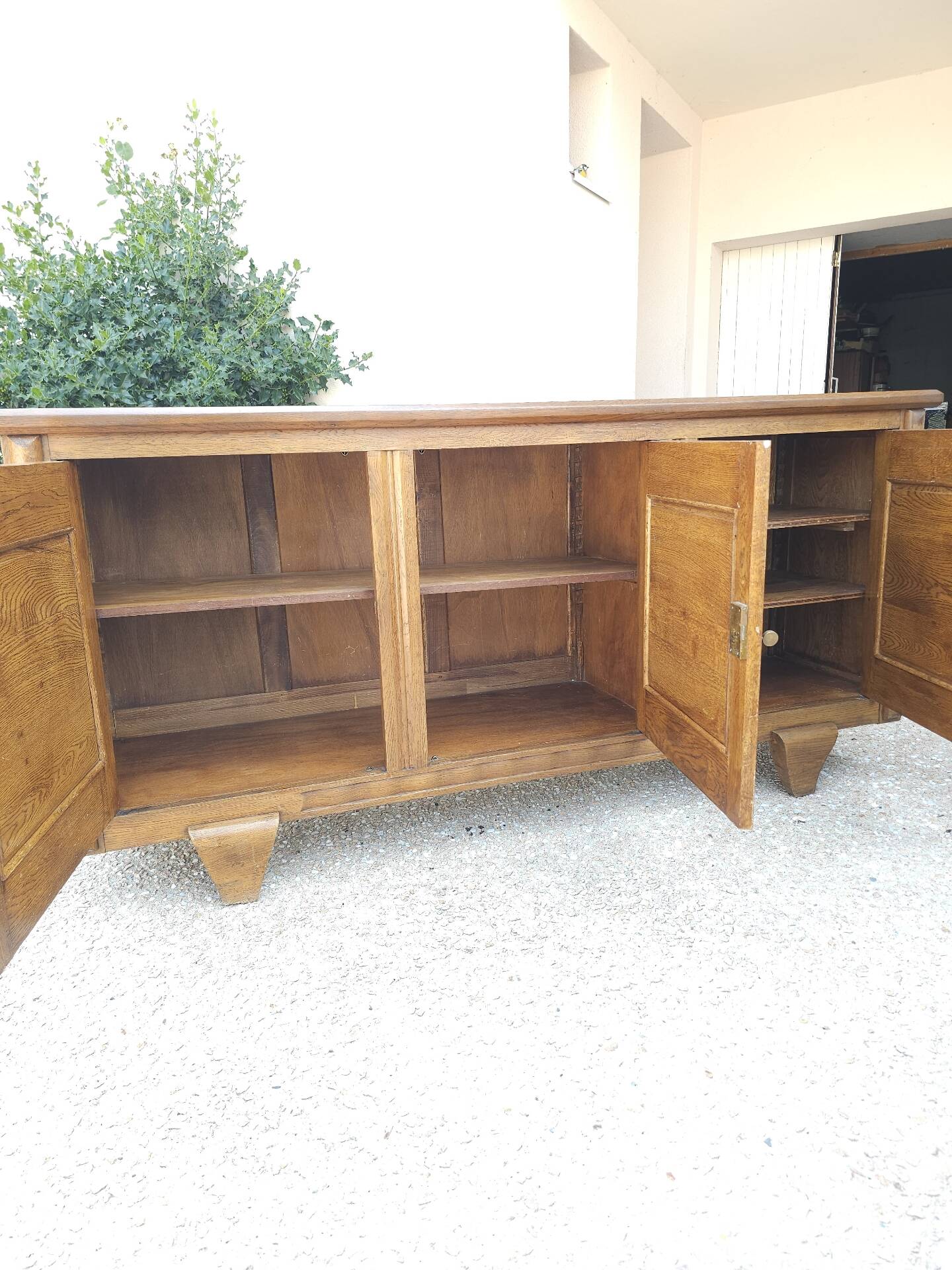Solid oak sideboard, brutalist and Art Deco work, mid-century.